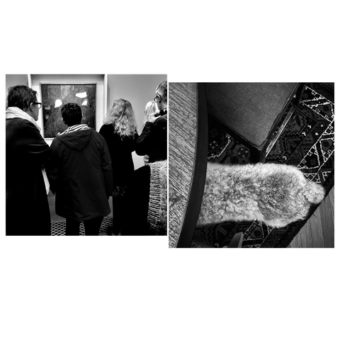 A diptych of photographs. The left one shows a group of people observing an artwork in Ateneum Art Museum. In the photo to the right a fluffy dog is partially under a table, standing on a patterned rug.