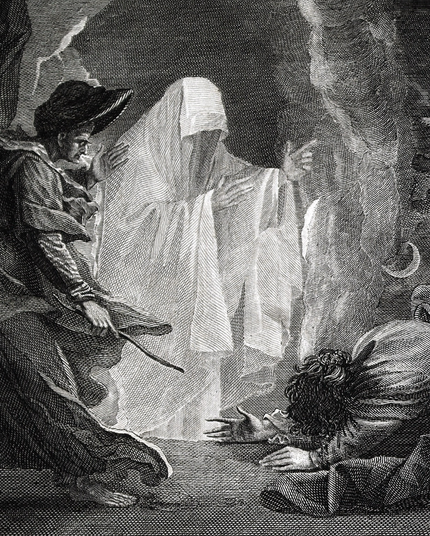 Radierung: eine mit einem Laken verhüllte Gestalt wird von einer Hexe heraufbeschworen 