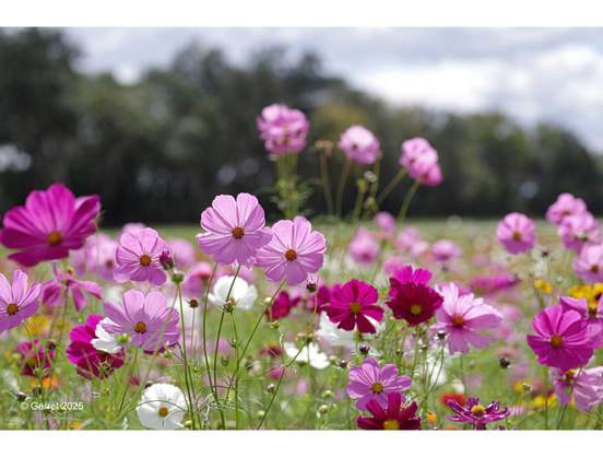 A vibrant field of pink, magenta, and white cosmos flowers under a cloudy sky. The lush green stems contrast with a blurred tree line in the background.
