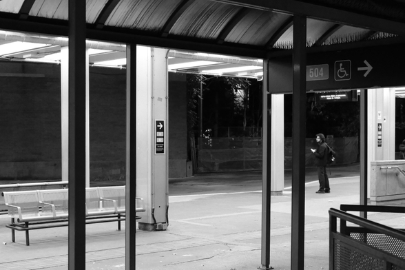 On the outdoor platform, the upright supports of the canopy overhead break the space up into rectangles of light and shadow. At left is an empty bench. At right, framed in one of the spaces between the pillars, a young man waits for a bus, his left profile turned to the camera. Above his head is a sign pointing left toward the 504 streetcar stop and disabled access.
