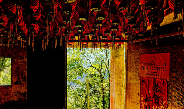 View at trees through an open door from the inside of a temple with lanterns at the ceiling.