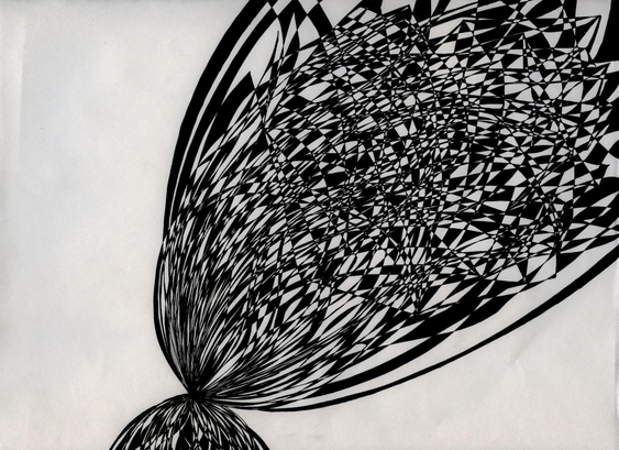 A black and white abstract ink drawing on paper. A chaotic network of overlapping lines are colored in like a checkerboard -- alternating black and white.