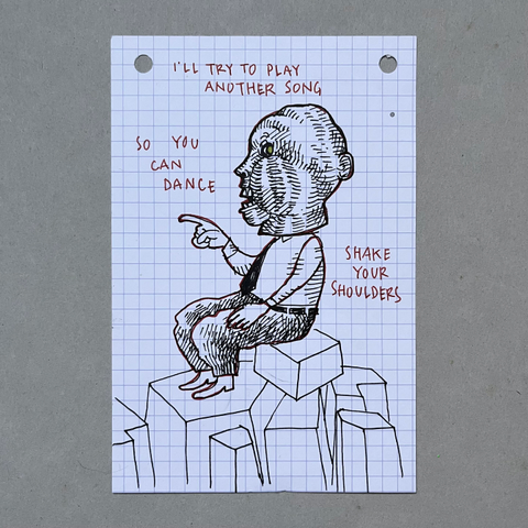 A series of four drawings on  index card. Each one is showing a man on the top of a cliff. He’s wearing an oversized mask that looks like a ventriloquist’s puppet, dressed with a white shirt and a black tie. He’s alone, surrounded by what seems to be instructions to dance : Shake your shoulders, lift your arms up, move your feet, tap your feet clench your teeth, turning in circles, let’s go