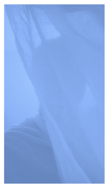 A soft, abstract self-portrait in cool blue tones. A figure is partly hidden behind a sheer fabric, creating a dreamy, tranquil atmosphere with blurred outlines and gentle light.