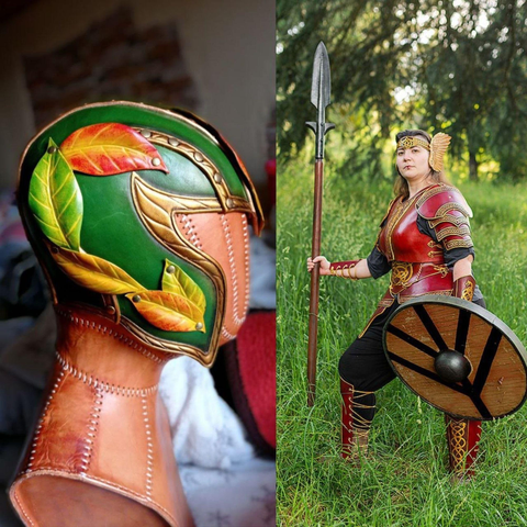 Two pics in vertical. The first shows the right side of a green and golden fantasy leather helmet, with border decorations, protection for the cheeks but not the rest of the face and some leaves made with modelled leather and painted in diferent colours; the helm is on a head mannequin made of leather too
The second pic is a woman wearing a red and golden leather armour (cuirass, corset, pauldrons, tassets, bracers, greaves and a winged tiara, all decorated with viking inspired knots and filigrees), a viking spear and a round shield