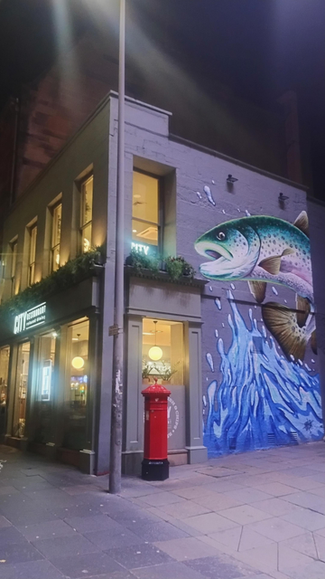 Two storey square block of the City Restaurant at night, warm glow from the front windows, side wall sporting a huge mural of a fish leaping from the water