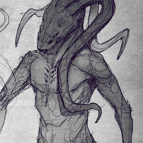 Sketch of an alien creature (species: Vortecc) with a humanoid body and a long reptilian head. They have six eyes and three bendy appendages on their head. On their chest are six slits, three on each side of the sternum. Art by Kathaja Krim.