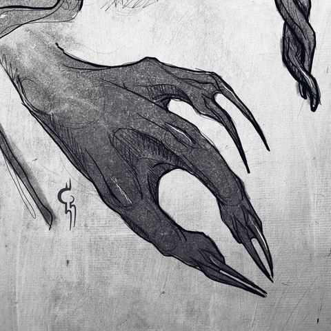 Digital drawing of a hand (species: Vortecc) with three fingers and two black claws per finger. They look a bit like pincers. Art by Kathaja Krim.