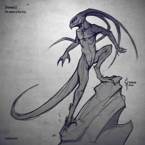 Digital sketch of an alien character (species: Vortecc) with six eyes, three of them visible. The alien is standing on a bolder, with long reptilian legs. Their arms flare out in mid-turn, thick tail swishing behind them. Three long tentacles sit on their head, flying through the air along with the alien's dynamic pose. Art by Kathaja Krim.