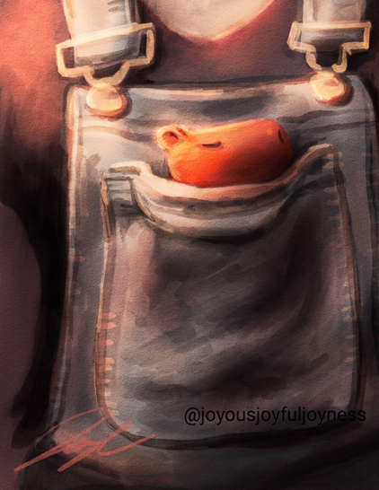 Painting of a sleeping miniature capybara in someone's overalls front pocket. The artist's signature and watermark @joyousjoyfuljoyness are at the bottom left and right.