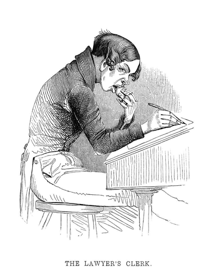 A young man  with shabby clothes and untidy hair is seen in profile, sitting at a desk, biting into an apple as he writes with a quill on a piece of paper.
