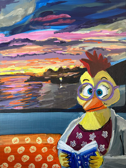 Surreal painting of a yellow chicken person reading a book on a BC ferry.