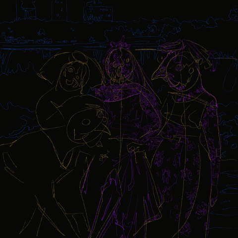 Bride and her attendants (all chicken people) pose before a view of Niagara Falls. Right now it's a mostly drawn outline against a black background. 