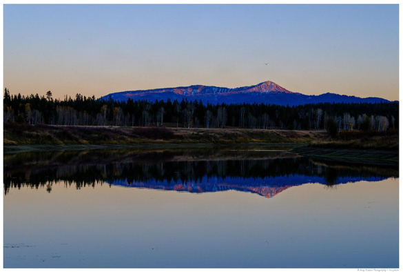 A snowcapped mountain, tinged by sunset light, is seen in the distance above a forest and grassy shoreline, with its reflection mirrored in the calm surface of a river in the foreground.