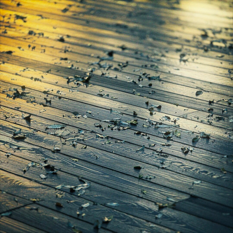 Wet, wooden planks line a boardwalk under an orange sunrise.