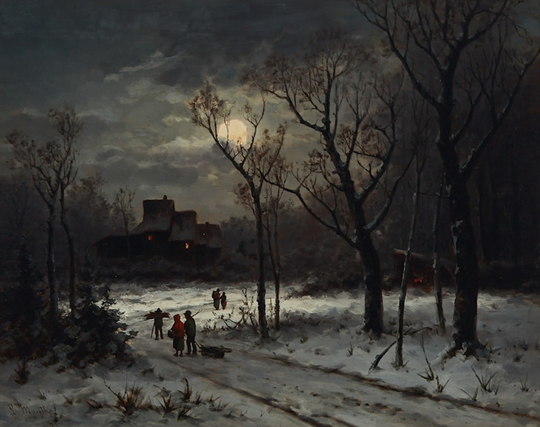 a painting, it is a group of five people gathering firewood by moonlight, clouds around the glowing moon, illuminating the forest and the snow on the ground, a small forest home with a chimney in the background, lights glowing in the windows 