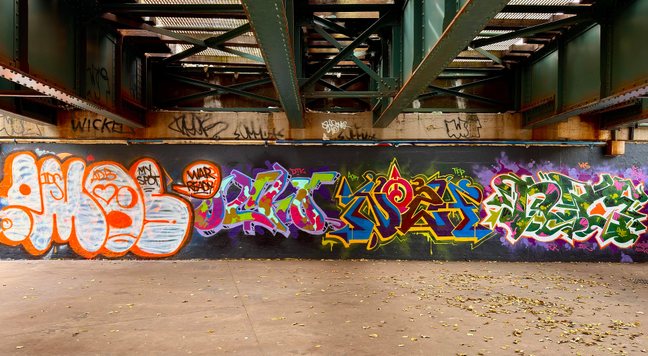 A color, wide-angle photograph in letterbox orientation of a colorful graffiti mural painted atop a black wall beneath a large, elevated steel railway structure for the NYC subway tracks just south of Yankee Stadium in the Bronx. The underpass has large, dark green, crisscrossing steel beams and girders overhead. The floor in the foreground is a light brown, rough concrete scattered with dried brown and yellow leaves.
The mural itself is a complex arrangement of multiple large graffiti tags created in different styles and color palettes. From bold orange and white bubble letters to purple, pink, and bright green color schemes featuring sharp, interlocking letters, followed by a piece dominated by deep brown, yellow, and bright blue in an intricate wildstyle. Thw concrete support wall directly above the mural is a stained light brown color and features various smaller, dark tags and scribbles. It is an overcast morning and sunlight is filtering down into the scene from open metal grating on the track structure above.