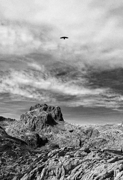 Imagen en blanco y negro de un vasto paisaje montañoso escarpado. Un imponente pico rocoso y dentado domina el centro de la imagen, con algunas manchas de nieve o hielo en sus laderas. El terreno en primer plano y medio está cubierto de rocas fracturadas, con texturas rugosas y algunas matas de vegetación escasa. En la parte inferior derecha, se distinguen dos figuras humanas pequeñas, que parecen ser excursionistas, añadiendo escala a la inmensidad del entorno. El cielo está lleno de nubes densas y dramáticas, creando un fuerte contraste de luces y sombras que acentúa la atmósfera. En lo alto, un ave solitaria, silueteada en negro, vuela majestuosamente contra las nubes. La composición general transmite una sensación de grandeza, soledad y la naturaleza salvaje.