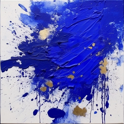 This is an abstract painting featuring bold strokes of blue and white paint on a white canvas. Thick, textured lines of blue dominate the upper left portion of the canvas, creating a dynamic diagonal shape. Splatters of blue and gold paint are scattered across the entire canvas, contributing to a sense of movement and energy. The white background peeks through in several areas, offering a contrast to the saturated colors. The overall effect is an expressive and chaotic composition.