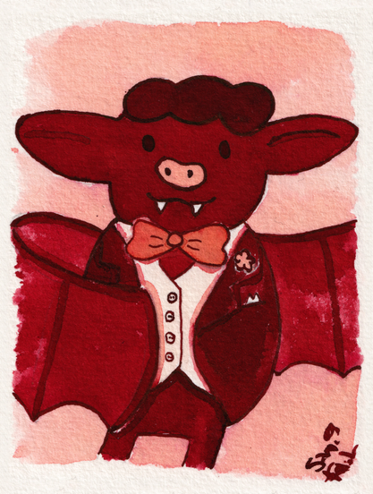 Portrait of the vampire bat. He has a tuft of dark fluff atop his lil head, and he is wearing a sleeveless formal jacket and waistcoat with a smart bow tie. He has a happy expression and is showing off his wings.