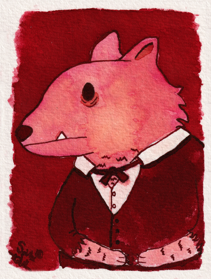 Portrait of the werewolf. He has slightly messy light coloured fur and is wearing a shirt and jacket with a little bow tie. The sleeves of his jacket have been ripped because it is hard to get dressed with wolf claws.