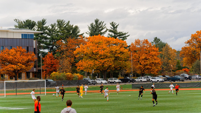 You can't make out many details in the soccer action on the field near a goal with a yellow-clad goalie surrounded by players with white and red and brown and white uniforms but that's not the point because the field is surrounded by brown and bright yellow trees