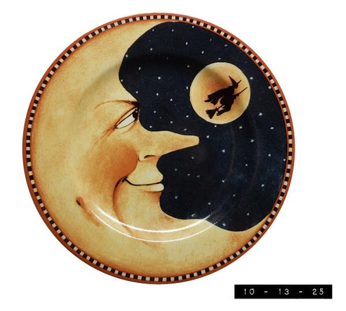 8" salad/dessert stoneware plate from the David Carter Brown "Pumpkin Hollow" Halloween set of 4.   Made in Indonesia for the Sakura sub-division of Oneida back in 2002.  Very nice to look at but I sometimes think the food I eat off it tastes like a combination of moon rocks and stardust - which can be really disappointing if I'm in the mood for moonshine and Starbursts.  