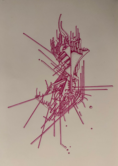 An abstract illustration in pink ink on white paper. The artwork displays a mix of straight, angular lines, dots, and organic forms.