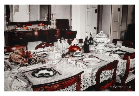 Elegant dining room with a richly set table featuring a roast turkey, crystal bottles, and ornate china on a lace tablecloth. Warm, vintage ambiance.