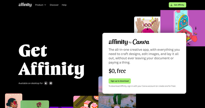 The landing page for Affinity, showing it's now free of charge.