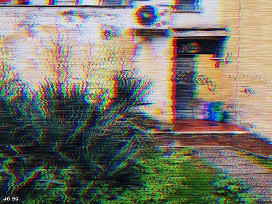 Photograph with glitch artefacts of a house entrance with green plants to the left of it.