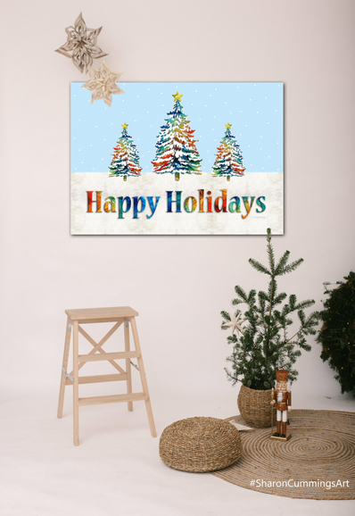 Colorful holiday card with trees, snow and a blue sky by artist Sharon Cummings.