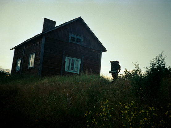 A silhouette of a wooden house on a hill at dusk, with a person carrying a backpack ascending beside it. The surroundings are overgrown with tall grass and wildflowers.