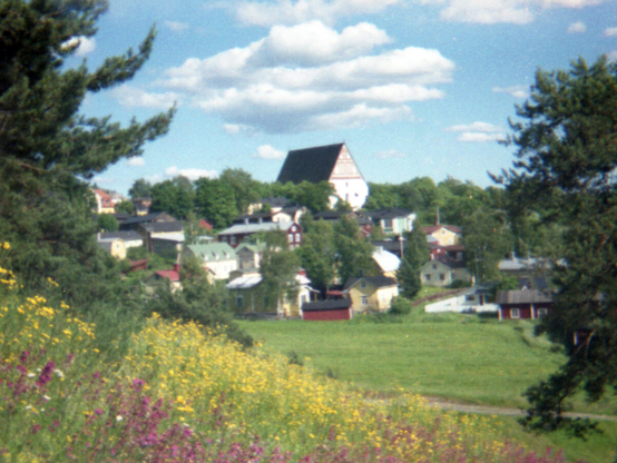 A scenic view of a town with colorful old houses surrounded by lush green trees. A large church with a steep roof stands prominently. In the foreground, a vibrant meadow of yellow and purple wildflowers stretches under a blue sky with fluffy clouds.