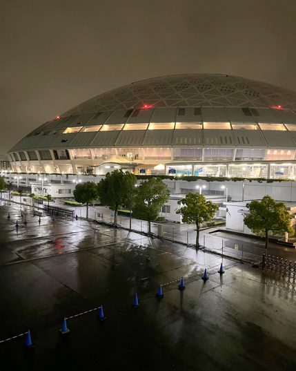 Como su nombre indica, tiene forma de "domo" (como un gran platillo volante que se hubiera posado en el suelo). Era de noche y el asfalto del parking que lo rodea brillaba un poco por la lluvia. Las luces estaban encendidas, pero si no me equivoco no había partido...