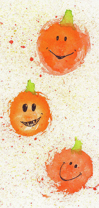 Three orange pumpkins with smiling faces are scattered across a speckled background. Each pumpkin has a unique expression, adding a playful vibe.