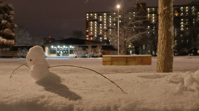 The image shows an outdoor snowy scene in the dark hours of the early morning. In the foreground, there's a small snowman made from two snowballs stacked together and adorned with what appears to be a twig or stick as its arms. The snowman has a simple face, composed of darker material.
In the background, there are several buildings illuminated by artificial lights, suggesting an urban setting. A tree trunk is visible in the lower right corner of the image, partially covered in snow. A snow-covered, concrete bench can be seen a small distance behind the surface on which the snowman has been built. The overall atmosphere appears calm and quiet with the snow-covered ground reflecting some light from the nearby buildings.