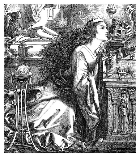 Rosamund, wearing a crown, kneels in front of a reading desk, wrapping her hand around a skull as the body of her dead husband lies in the background.