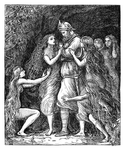 Tannhäuser, depicted as a sullen knight in medieval attire, stands at the entrance of a grotto, surrounded by women from Venus's court who are trying to keep him from leaving.