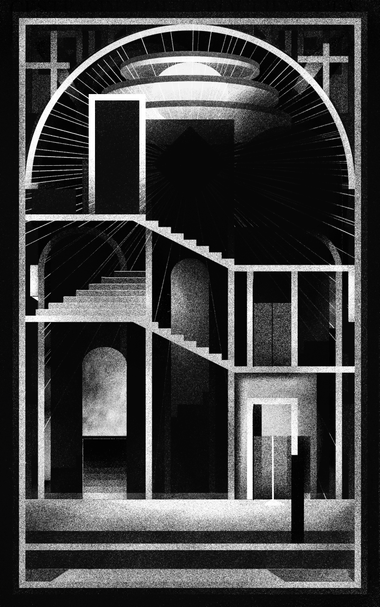 A black and white composition resembling a surreal architectural cross-section. The structure is composed of staircases, arches, and rectangular frames intersecting in complex layers. A large domed ceiling dominates the upper part of the image, radiating bright light outward in fine linear rays that fill the space with a sense of divine illumination. Below, corridors and stairways seem to connect multiple levels of this enigmatic building, suggesting both ascent and descent. The textures are grainy and atmospheric, evoking a sense of dust, time, and sacred silence. The overall mood combines the solemn grandeur of a cathedral with the mathematical precision of a blueprint — part temple, part machine for contemplation