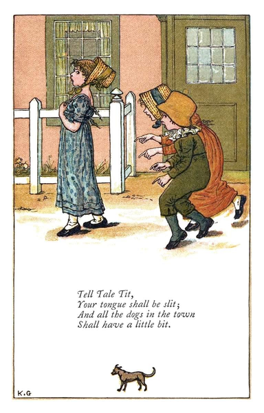 A girl wearing a loose straw cottage bonnet is seen in profile, looking annoyed as two pestering children follow her, jeering and pointing their fingers downward. The rhyme goes as follows:
    Tell Tale Tit,
    Your tongue shall be slit;
    And all the dogs in the town
    Shall have a little bit.