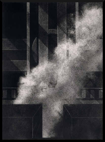 A black and white drawing depicting a geometric architectural interior veiled in a dense, rising cloud of smoke or dust. Vertical and diagonal structures define the space — tall columns, beams, and planes intersect in measured rhythm — while a hazy, luminous mist invades the composition, dissolving its rigid order. Behind the vapor, faint circular and linear forms emerge, hinting at an underlying symmetry now obscured by turbulence