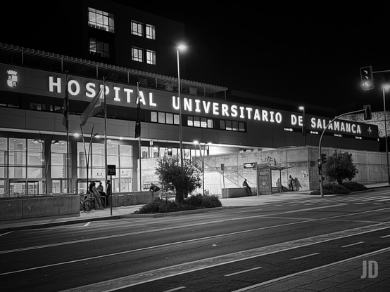 Una fotografía en blanco y negro tomada de noche muestra la fachada iluminada del Hospital Universitario de Salamanca. El nombre "HOSPITAL UNIVERSITARIO DE SALAMANCA" brilla en letras grandes y claras sobre la entrada principal del edificio, que presenta grandes ventanales. En la parte superior del edificio se aprecian más ventanas iluminadas.

Delante de la entrada, se ven algunos postes de luz, banderas y un pequeño grupo de personas esperando o sentadas cerca de una zona con bicicletas. A la derecha, hay una estructura de hormigón con una zona de espera y más personas, así como un semáforo en la distancia. En primer plano, una calle ancha y vacía con marcas viales bien definidas se extiende hacia la parte inferior de la imagen, bajo un cielo nocturno oscuro. La escena transmite una atmósfera tranquila y nocturna.