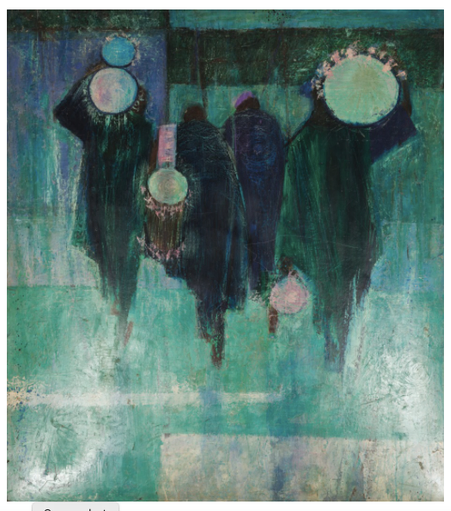 Painting go four drummer carrying drums walking away from the picture plane - each rendered as a show against an overall green (and abstract formed) background