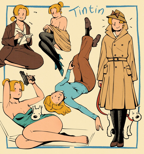Five drawings of Tintin in femme mode, tall blonde and leggy but noticeably still Tintin, with Snowy