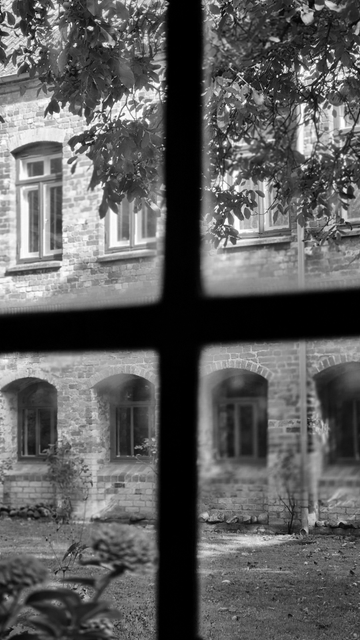 Schwarzweißfoto, das durch die Glasscheiben eines Sprossenfensters aufgenommen wurde. Im Zentrum des Fotos liegt das Holzkreuz der Sprossen. Die Glasscheiben sind etwas verschmutzt. Der Blick geht durch einen Innenhof auf ein gegenüberliegendes altes Gebäude mit jeweils vier Fenstern im Untergeschoss und im darüberliegenden Geschoss. Oben im Bild sind nach rechts gehend die Äste eines Baumes vor dem Gebäude zu sehen.