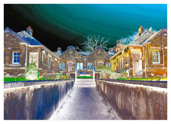 Colour modified darkly colourful photograph of a garden path leading up to a pair of old stone bungalows.