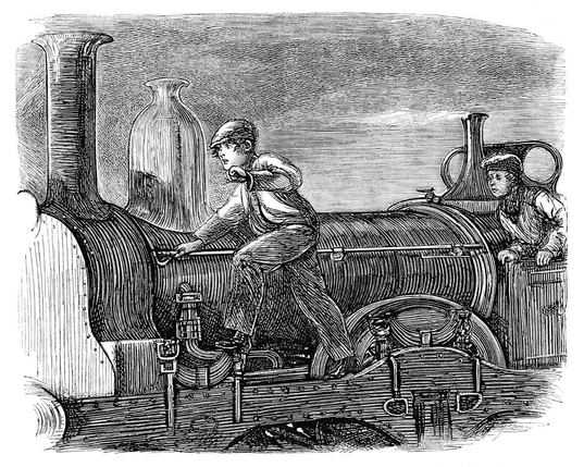 A boy walks on the side a moving locomotive, hanging onto the railing as the driver watches him from the platform.