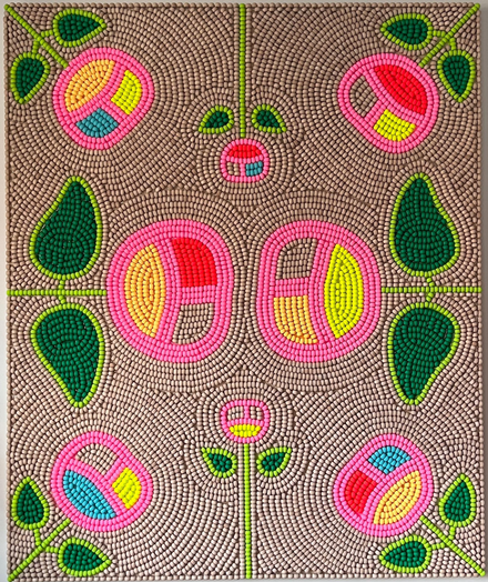 a beaded work by Renee Condo of pink cherries