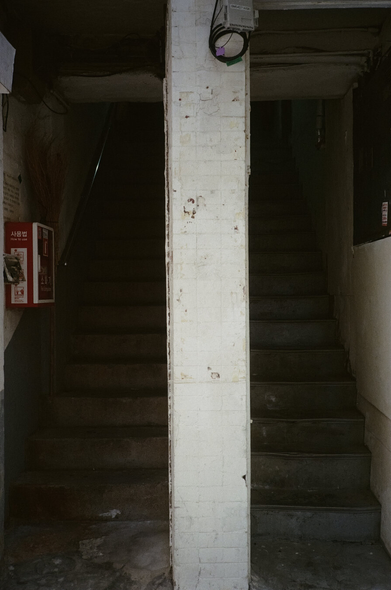 하얀 기둥처럼 보이는 벽면을 경계로 두 계단이 마치 하나처럼 보인다. 비슷하게 보이지만 조금씩 다르게 생긴 두 계단은 각각 다른 동으로 이어지는 것으로 보인다.